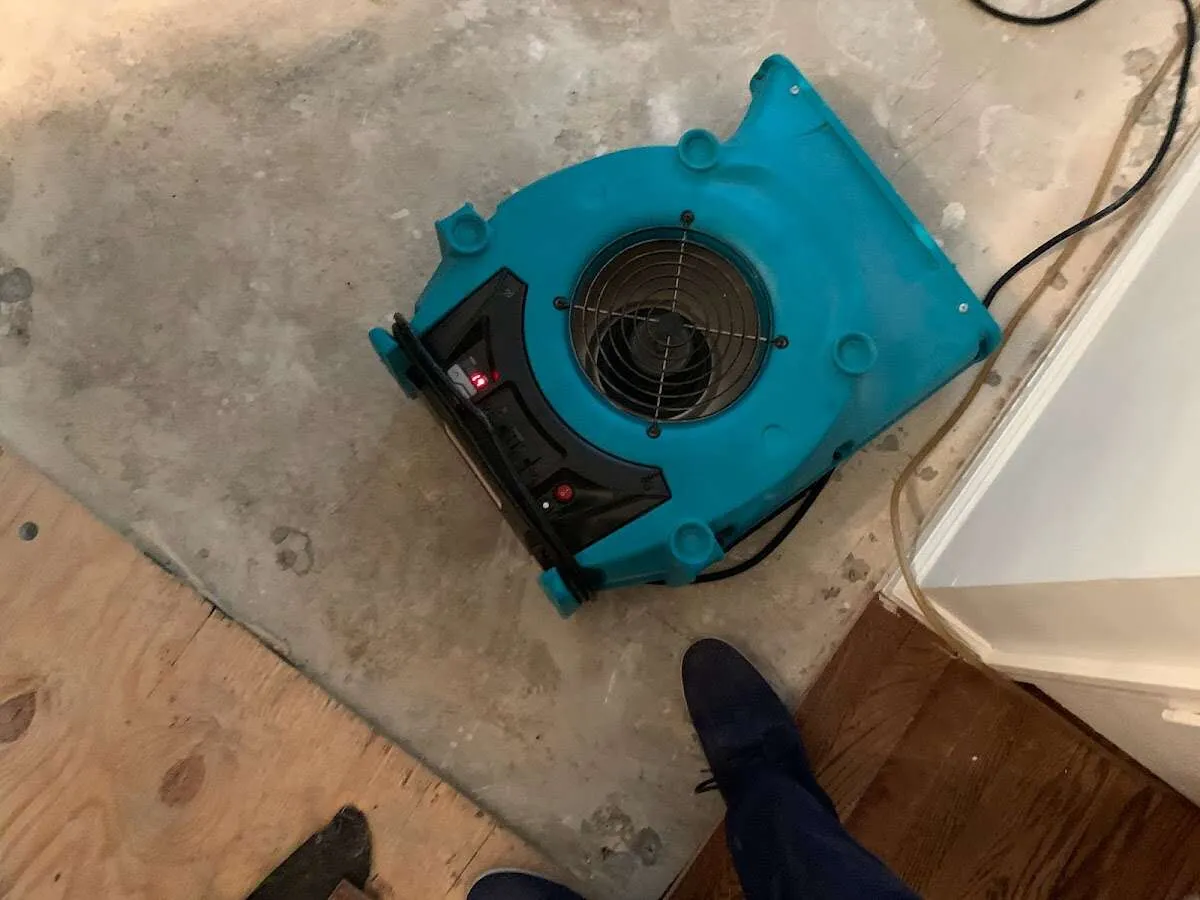 Air mover drying subfloor during Leak Detection & Repair in Inver Grove Heights